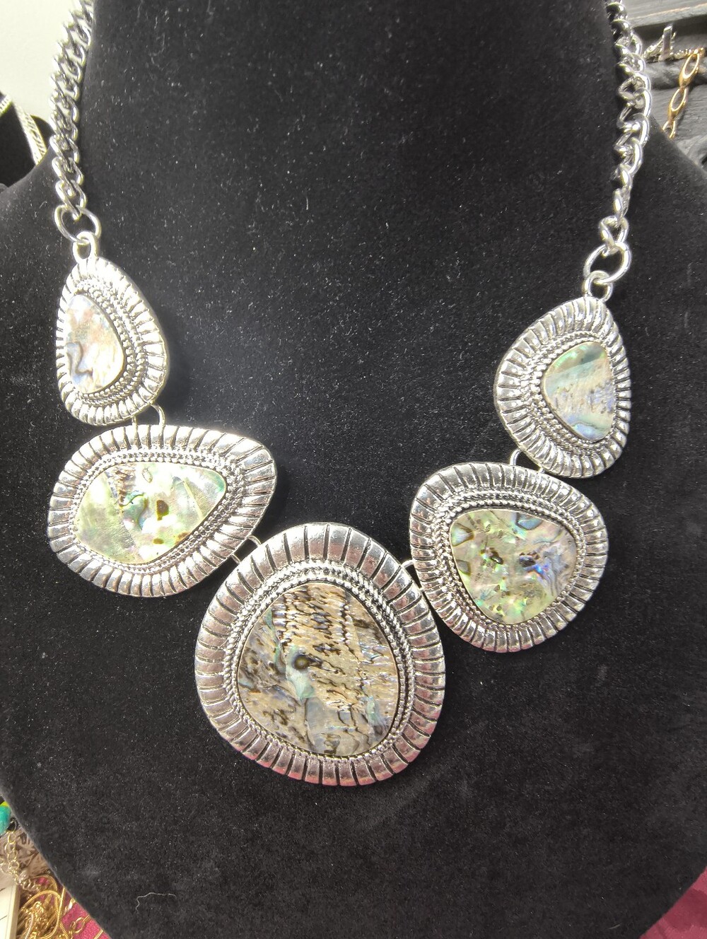 Natural Abalone Shell Statement Necklace & Earrings Set NWT Rhodium Plated Silve - Picture 9 of 9
